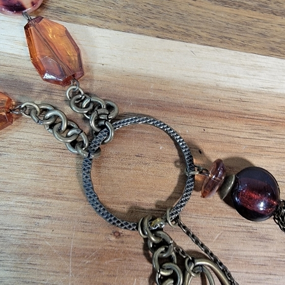 Antique Bronze Metal Statement Necklace with Amber beads and Chain Tassels Boho - Picture 8 of 17